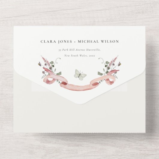 Roze Wilde Waterverf Monogram Crest Weddenschap All In One Uitnodiging (Achterkant)