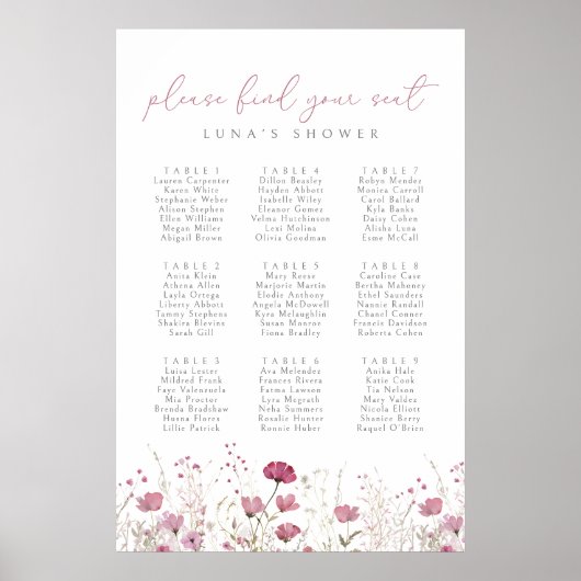 Roze Wildflower Baby in Bloom Zitplaatskaart Poste Poster (Voorkant)