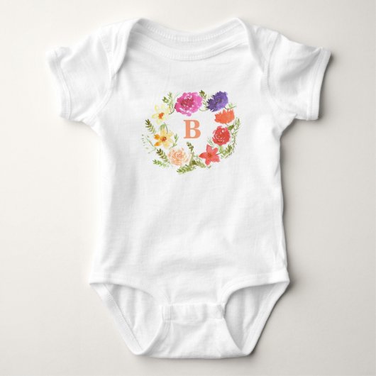 Roze Wildflower Baby Meisje Initiaal Monogram Romper (Voorkant)