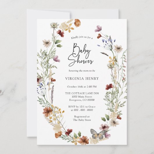 Roze Wildflower Baby shower Invitation Kaart (Voorkant)