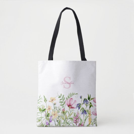 Roze Wildflower Bloemmonogram Draagtas (Voorkant)