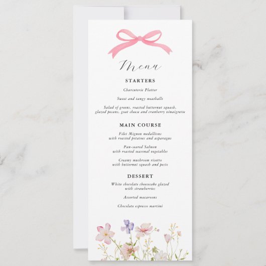 Roze Wildflower Bow Baby shower Menu Kaart (Voorkant)