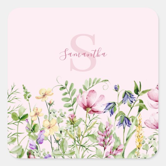 Roze Wildflower Floral gepersonaliseerd Vierkante Sticker (Voorkant)