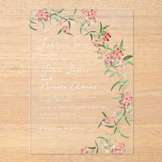 Roze Wildflower Roos Spring Garland Wedding Acryl Uitnodigingen (Voorkant)