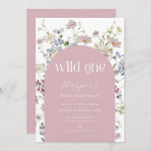 Roze Wildflower Wild Een 1e Verjaardag uitnodiging (Voorkant / Achterkant)