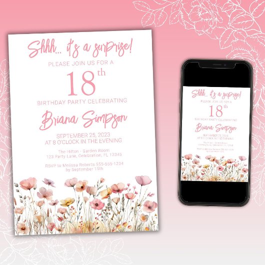 Roze Wildflowers 18e verrassingsverjaardagsfeestje Kaart