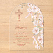 Roze Wildflowers en Bogen Boog Doop Acryl Uitnodigingen (Voorkant)