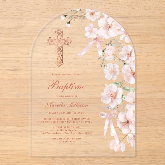 Roze Wildflowers en Bogen Boog Doop Acryl Uitnodigingen (Voorkant)