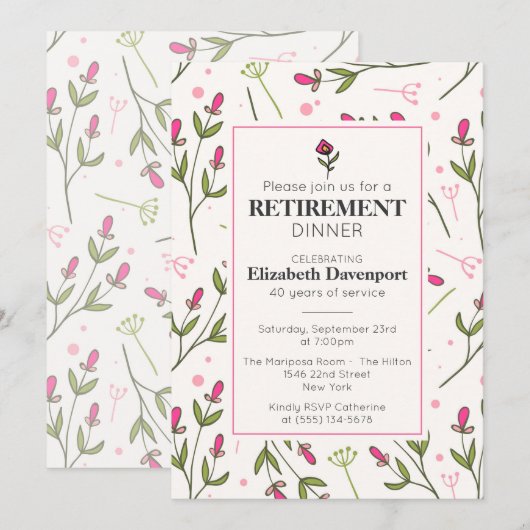 roze Wildflowers Pensioendiner Kaart (Voorkant / Achterkant)