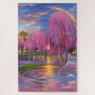 Roze Willow bomen bij zonsondergang door de vijver Legpuzzel
