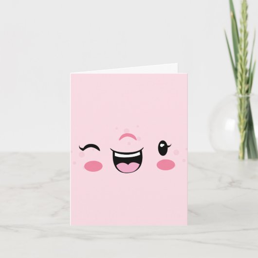 Roze Winking Kawaii Face Note Card Kaart (Voorkant)