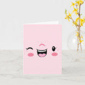 Roze Winking Kawaii Face Note Card Kaart (Gele Bloem)