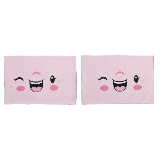 Roze Winking Kawaii Face Pillow Hoesje Set Kussensloop (Voorkant-Set)