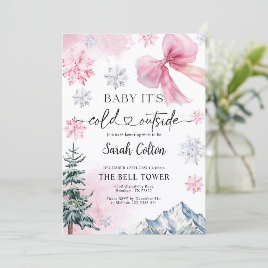 Roze Winter Baby shower Uitnodiging (Staand voorkant)