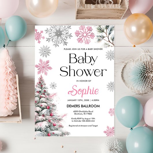 Roze Winter Baby shower Uitnodiging