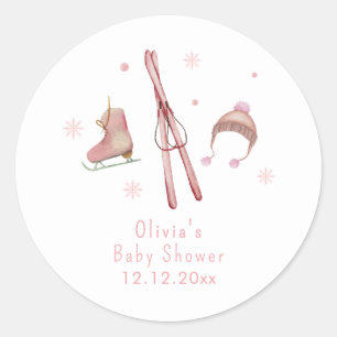 Roze Winter Bos Après Bébé Ski Baby Shower Ronde Sticker