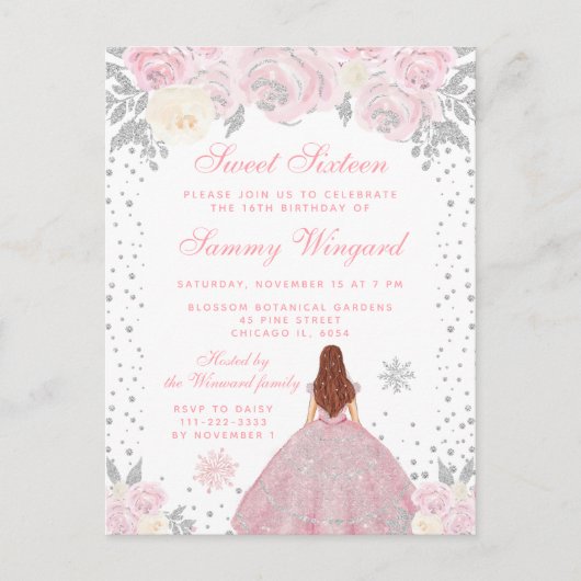 Roze Winter Bruin Haar Prinses Sweet Sixteen Briefkaart (Voorkant)