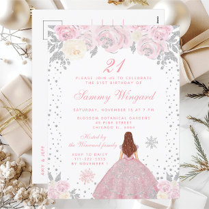 Roze Winter Bruin Haar Prinses Verjaardagsfeest Briefkaart