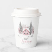Roze Winter Cottage Kerstmis Papieren Bekers (Achterkant)