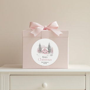 Roze Winter Cottage Kerstmis Ronde Sticker