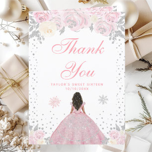 Roze Winter Donkere Huid Prinses Sweet Sixteen Bedankkaart