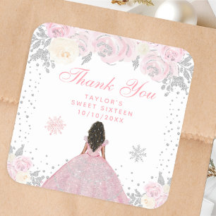 Roze Winter Donkere Huid Prinses Sweet Sixteen Vierkante Sticker