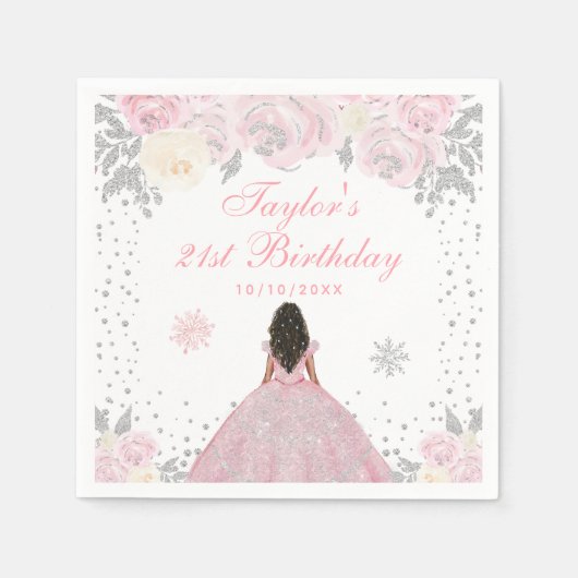 Roze Winter Donkere Huid Prinses Verjaardagsfeest Servet (Voorkant)
