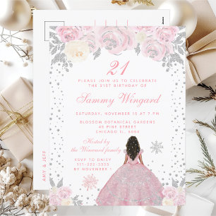 Roze Winter Donkere Huid Prinses Verjaardagsfeestj Briefkaart