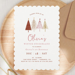 Roze Winter Onderland Girl 1ste verjaardag Kaart