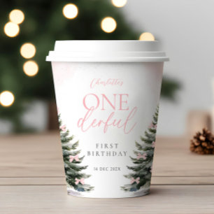 Roze Winter Onederland 1e Verjaardag Papieren Bekers