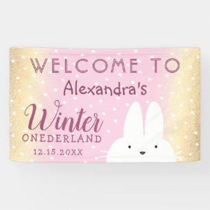 Roze Winter Onederland Konijn Feestje Spandoek