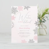 Roze Winter Onederland Zilveren Glitter 1e Verjaar Kaart (Staand voorkant)