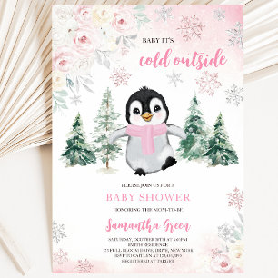 Roze Winter Pinguïn Baby Shower Kaart