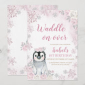 Roze Winter Pinguïn Verjaardagsfeest Kaart (Voorkant / Achterkant)