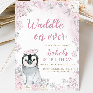 Roze Winter Pinguïn Verjaardagsfeestje Kaart