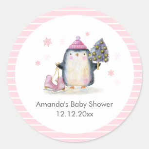 Roze Winter Schaats Pinguïn Baby Shower Ronde Sticker