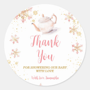 Roze Winter Thee Feestje Baby Shower Bedankt Ronde Sticker