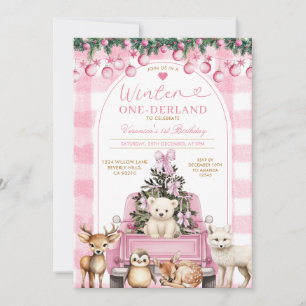 Roze Winter Truck Onederland 1e Verjaardag Dieren Kaart