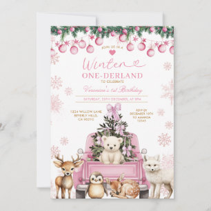 Roze Winter Truck Onederland 1e Verjaardag Dieren Kaart