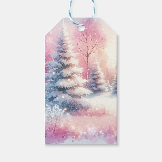 Roze Winter Wonderland Kerstmis Cadeaulabel (Voorkant)