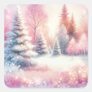  Roze Winter Wonderland Kerstmis Vierkante Sticker