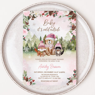 Roze Winter Woodland Baby shower Kaart