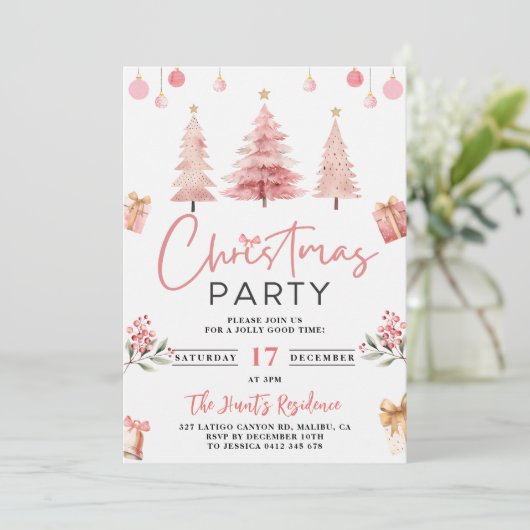 Roze Winterboom Kerstfeest Kaart (Staand voorkant)