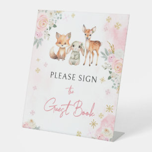 Roze winterbos baby shower gastenboek bord reclamebord met voetstuk