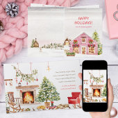 Roze Winterdorp Waterverf Cozy Kat Kerstmis Feestdagen Kaart