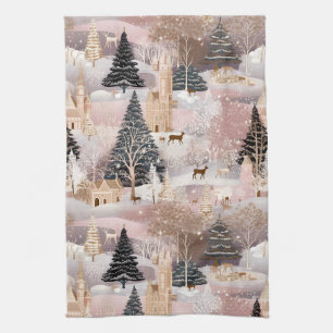 Roze Winterherten Fantasie Kasteel Landschap (4) Theedoek