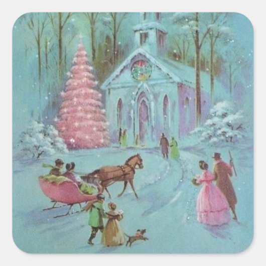 Roze  Winterkerst Vierkante Sticker (Voorkant)