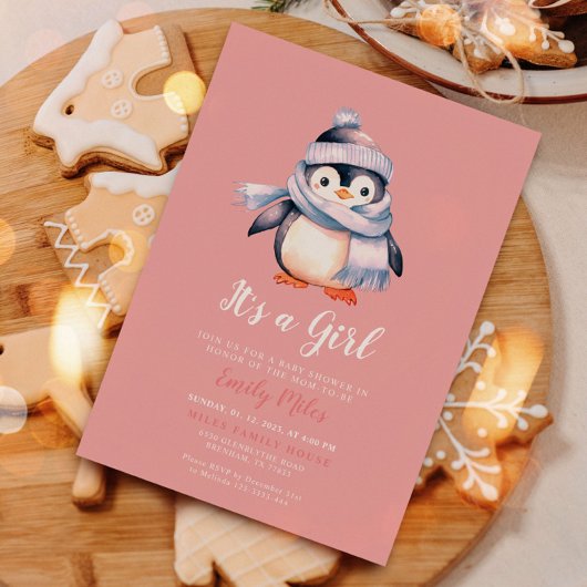 Roze Winterpinguïn Baby shower Invitation Kaart