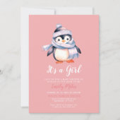 Roze Winterpinguïn Baby shower Invitation Kaart (Voorkant)