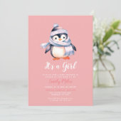 Roze Winterpinguïn Baby shower Invitation Kaart (Staand voorkant)